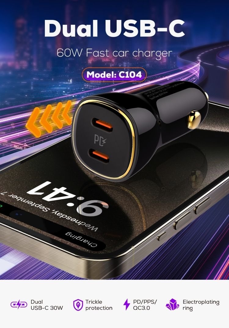 LDNIO C104 Mobile Fast Smart Phone Quick Dual Port Type C 60W Car Charger - Image 3