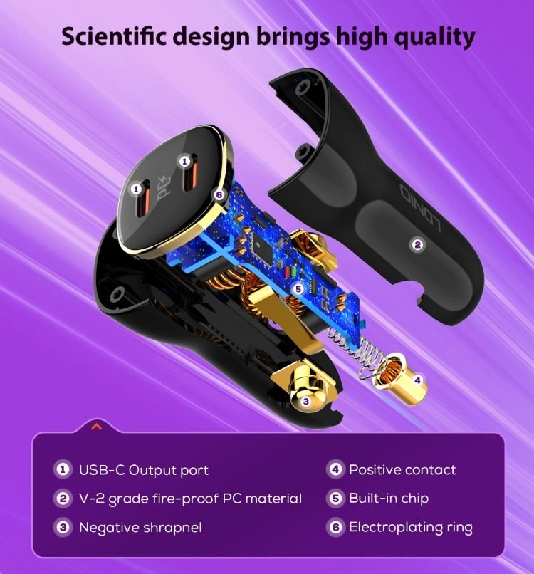 LDNIO C104 Mobile Fast Smart Phone Quick Dual Port Type C 60W Car Charger - Image 5