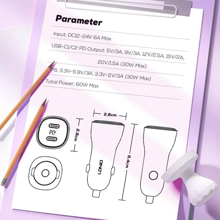 LDNIO C104 Mobile Fast Smart Phone Quick Dual Port Type C 60W Car Charger - Image 6