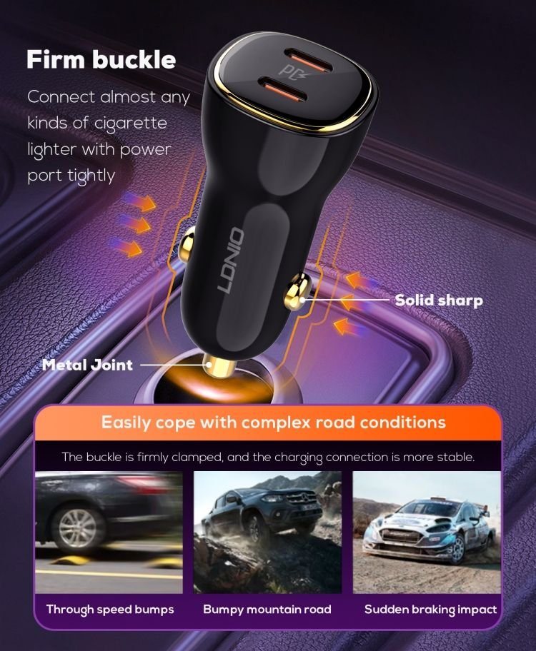 LDNIO C104 Mobile Fast Smart Phone Quick Dual Port Type C 60W Car Charger - Image 2